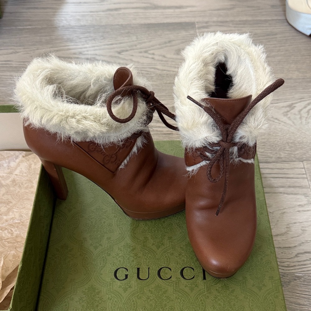 Gucci Women's Brown Leather Fur-Trimmed Boots